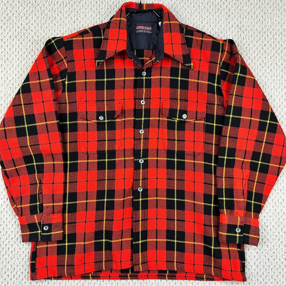 Vtg North Trail Flannel Shirt Mens L Bright Red Plaid Acrilan Button Up 70s EUC